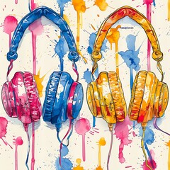 Ilustração de fones de ouvido em arte colorida - obrazy, fototapety, plakaty