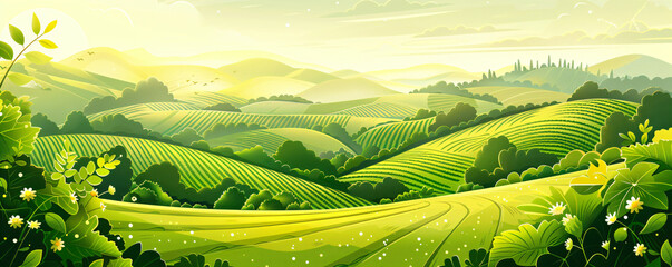 Countryside summer rural landscape with field, trees, grass and a flowers. Village in spring sunny day. Vineyard, wheat fields. Cartoon farmland. Farming and harvest - obrazy, fototapety, plakaty