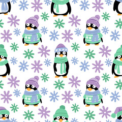  Penguins in a hat seamless pattern, cute animals in flat illustration style, funny animals