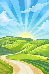 Obraz premium Beautiful summer fields landscape with green hills, road and sun on blue sky. Country rural background. Spring sunny meadow. Cartoon illustration in flat style for banner, wallpaper, card, poster