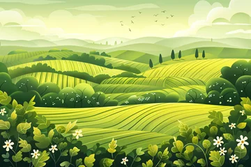 Foto op Plexiglas Countryside summer rural landscape with field, trees, grass and a flowers. Village in spring sunny day. Vineyard, wheat fields. Cartoon farmland. Farming and harvest © ratatosk