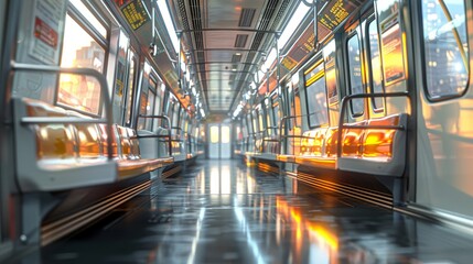 Side perspective of a subway carriage with reflective surfaces in muted lighting - obrazy, fototapety, plakaty