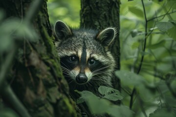 Naklejka na ściany i meble A curious raccoon peeking out from behind a tree in a lush forest, with its eyes wide and alert, greenery and raccoon's natural camouflage fitting together created with Generative AI Technology