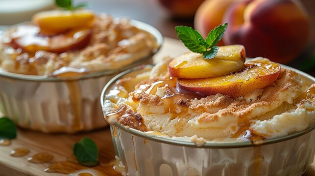   A close-up photo of two dishes containing peaches on top