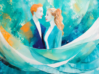 An abstract illustration of a standing couple dating and in love and looking at each other.