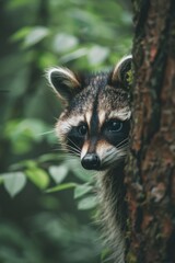 Naklejka na ściany i meble A curious raccoon peeking out from behind a tree in a lush forest, with its eyes wide and alert, greenery and raccoon's natural camouflage fitting together created with Generative AI Technology