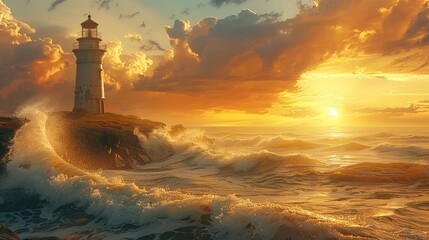 A weathered lighthouse standing guard on a cliff over turbulent seas at sunset - obrazy, fototapety, plakaty