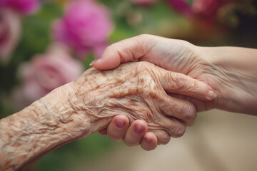 Handshake with an elderly woman, mother's day concept
