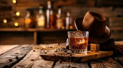 glass with whiskey on a wooden bar - obrazy, fototapety, plakaty