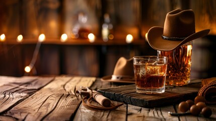 glass with whiskey on a wooden bar counter with a cowboy hat with bottles background - obrazy, fototapety, plakaty