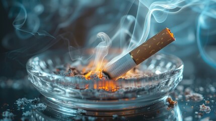 Lit cigarette resting on an ashtray with hazy smoke - obrazy, fototapety, plakaty