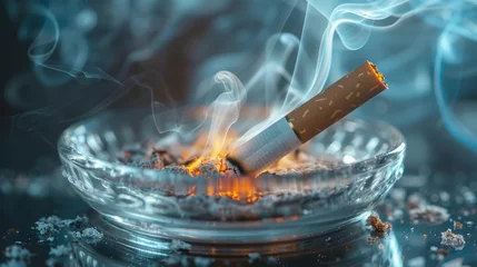 Foto op Plexiglas Lit cigarette resting on an ashtray with hazy smoke © Malika