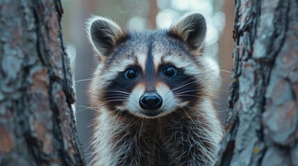 A curious raccoon peeking out from behind a tree in a lush forest, with its eyes wide and alert, greenery and raccoon's natural camouflage fitting together created with Generative AI Technology - obrazy, fototapety, plakaty