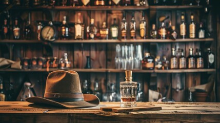 bottle of whiskey in a tavern on the bar and cowboy hat with bottles in high resolution and quality