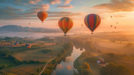 Hot air balloons at dawn, floating over a patchwork of fields and rivers - obrazy, fototapety, plakaty