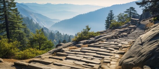 Narrow stone pathway surrounded by lush greenery leading towards a majestic mountain in the distance