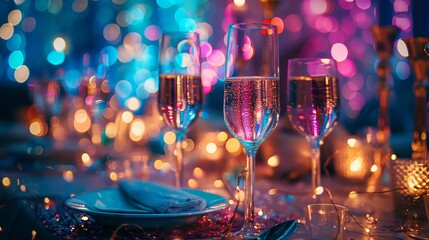 Party table with glittering details and colorful lights creating a lively mood - obrazy, fototapety, plakaty