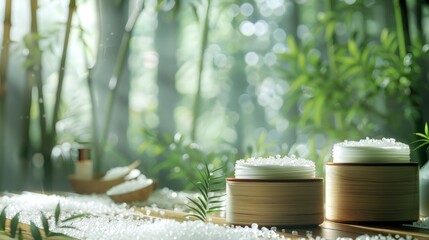 Close focus on skincare creams with a backdrop of fresh bamboo and salt crystals