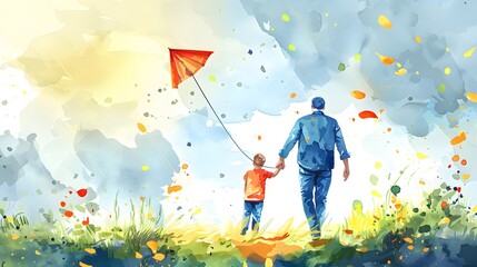 Fathers Day card with cute watercolor illustration of dad with son fly a kite and walking together, modern typography, holiday wishes. Father's Day templates for poster, cover, banner, social media - Powered by Adobe