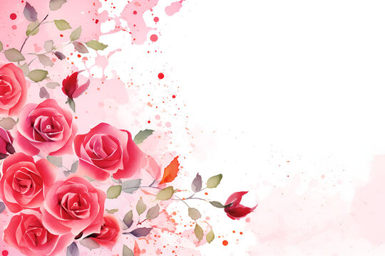 Watercolor background of bouquet of red roses. Spring. Flowers.