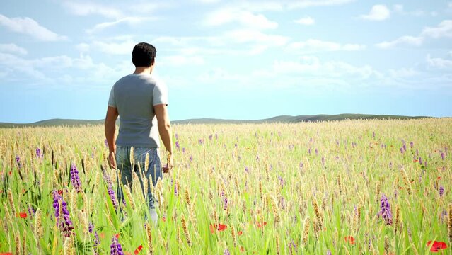 Man standing in a bright grassy flower summer field,  auto focus, 3d rendered