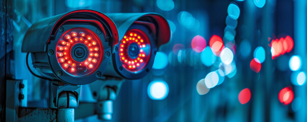 Street security cameras at night against a blue bokeh background
