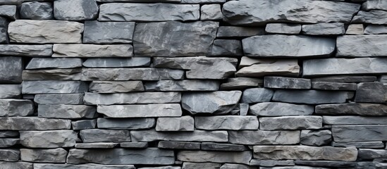 Fototapeta premium A vibrant fire hydrant is situated amidst a textured wall of assorted rocks in close-up