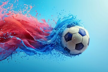 A soccer ball is in the air with a splash of water behind it