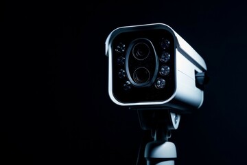 A black and white photo of a security camera with a black lens