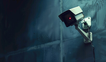 Security camera with a red recording light on a textured dark wall with copy space.. - obrazy, fototapety, plakaty