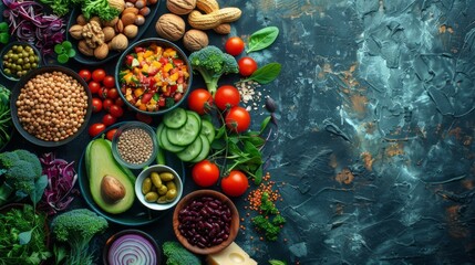  A colorful arrangement of various fruits and vegetables displayed on a table next to separate bowls of each - obrazy, fototapety, plakaty