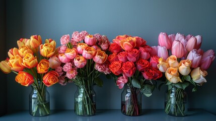   A collection of colorful flower arrangements gracefully arranged on a tabletop - obrazy, fototapety, plakaty