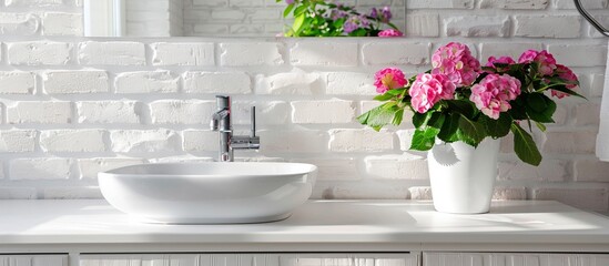 Fototapeta na wymiar White sink and vase with pink flowers