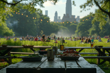 Obraz premium July 4 celebration: American flag proudly waving at a barbecue in the park, symbolizing unity and freedom