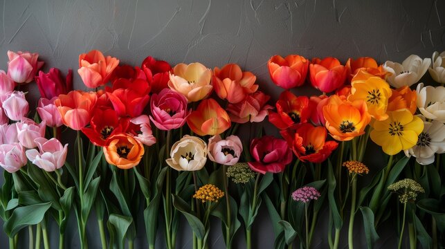   A row of colorful tulips in front of a gray backdrop with a gray wall behind