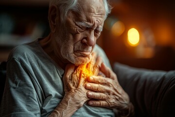 An older man is sitting on a couch with his hands on his chest, pain concept - obrazy, fototapety, plakaty