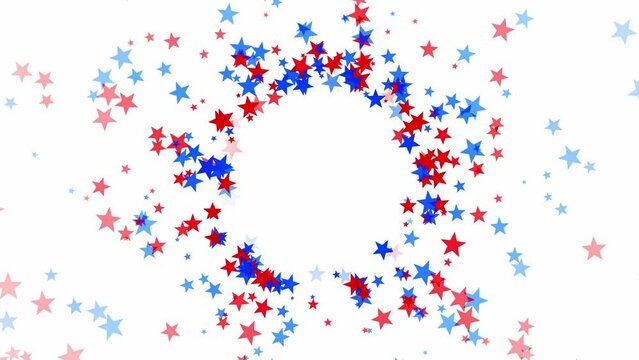 Red white and blue stars floating outwards from center on white and black backgrounds for USA celebrations like 4th of July, Memorial Day, Veteran's Day, or other patriotic US American holidays.