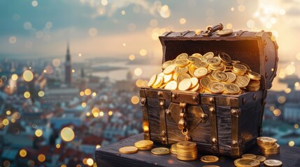 Treasure chest overflowing with gold coins against a blurred cityscape at sunset