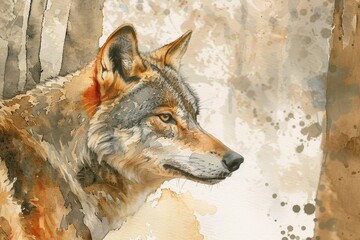 Watercolor close up of a wolf in a dense forest
