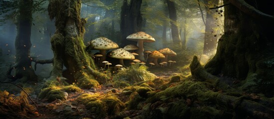 Deep in the lush forest, mushrooms grow under the gentle glow of sunlight diffusing through the leaves and branches, creating a magical scene