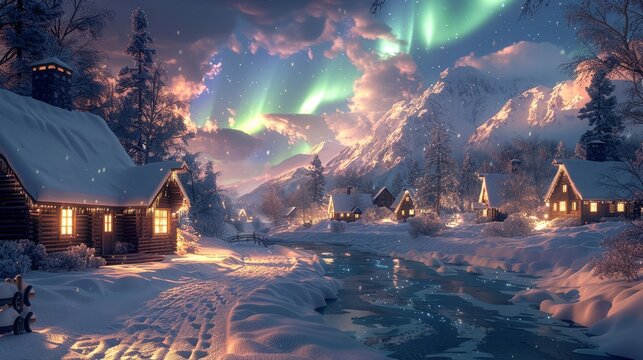 Snow-covered village under the Northern Lights, with cottages casting a warm glow
