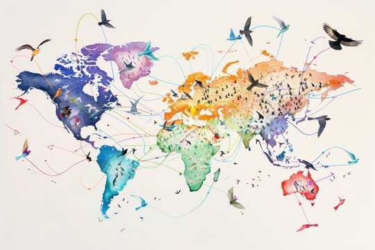 Watercolor map of the world showing the migration patterns of different bird species.