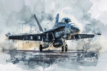 Watercolor of a military fighting jet in action - obrazy, fototapety, plakaty