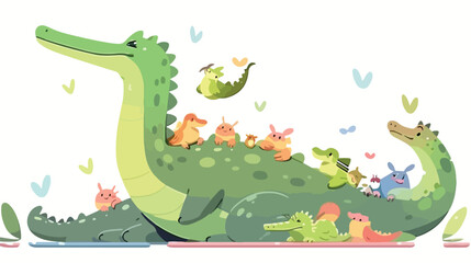 Cute crocodile or alligator and birds cartoon 2d fl - obrazy, fototapety, plakaty