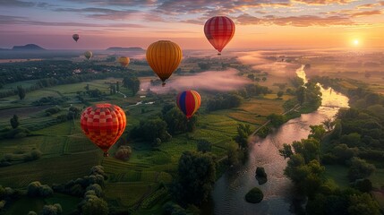 Obraz premium Hot air balloons at dawn, floating over a patchwork of fields and rivers