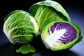 Obraz premium Fresh cabbage against a dark background, close-up shot with shallow depth of field