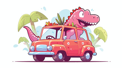 Cute dino drive funny car cartoon 2d flat cartoon v