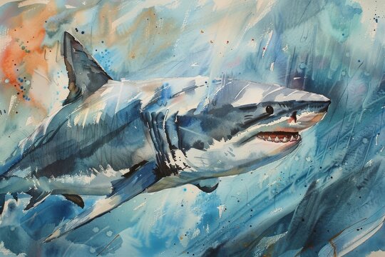 Watercolor painting of a dangerous white shark with many sharp teeth