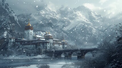 A serene monastery in the mountains during a snowfall, peaceful and isolated - obrazy, fototapety, plakaty