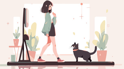 Cute Girl happy looking and cat standing in front o